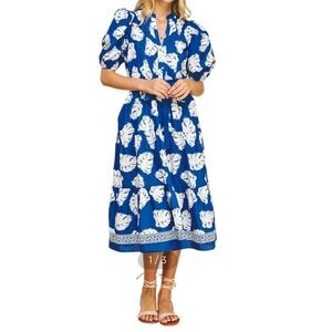 Pinch Tiered Midi Dress Women's L Blue Floral Cottage Core Puff Sleeve Summer